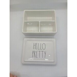Rae Dunn HELLO PRETTY Ceramic Jewelry Trinket Box Lid Decorative Storage Gift